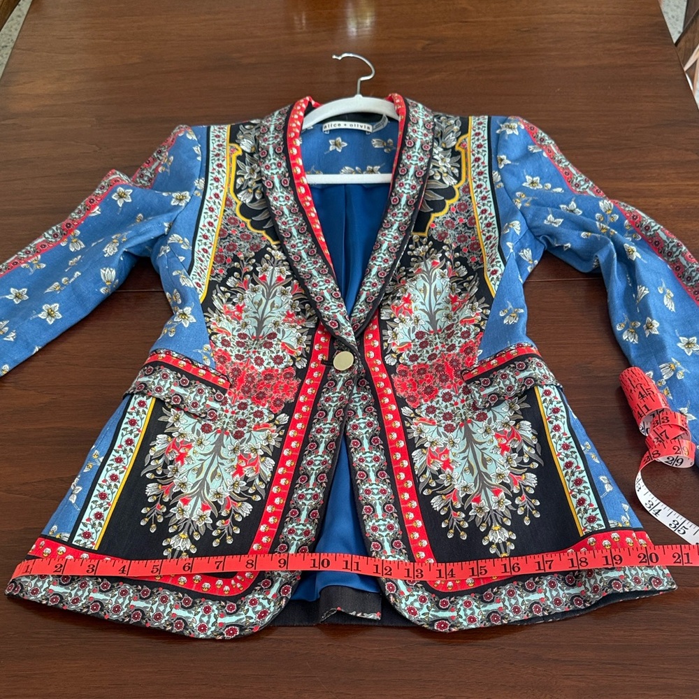 Alice + Olivia Macey Linen Blazer Floral Scarf Print Blue Red Size 2 - Picture 14 of 16